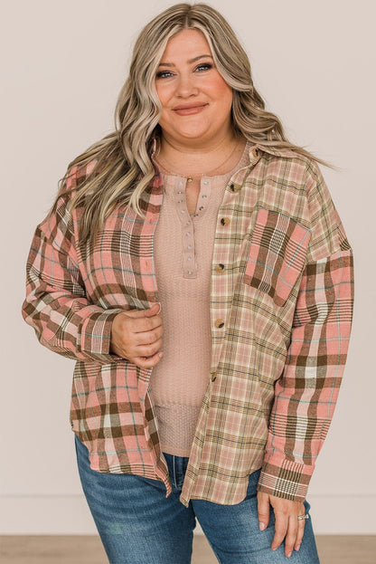 Pink Plaid Plus Size Color Block Long Sleeve Shirt with Pocket