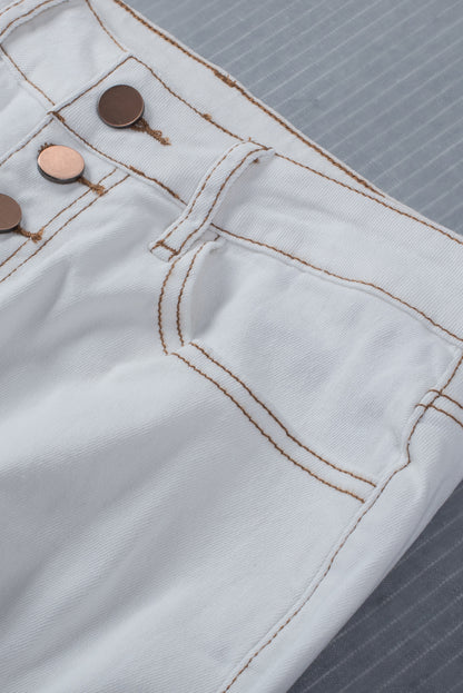 White Distressed Buttons High Waisted Flare Jeans