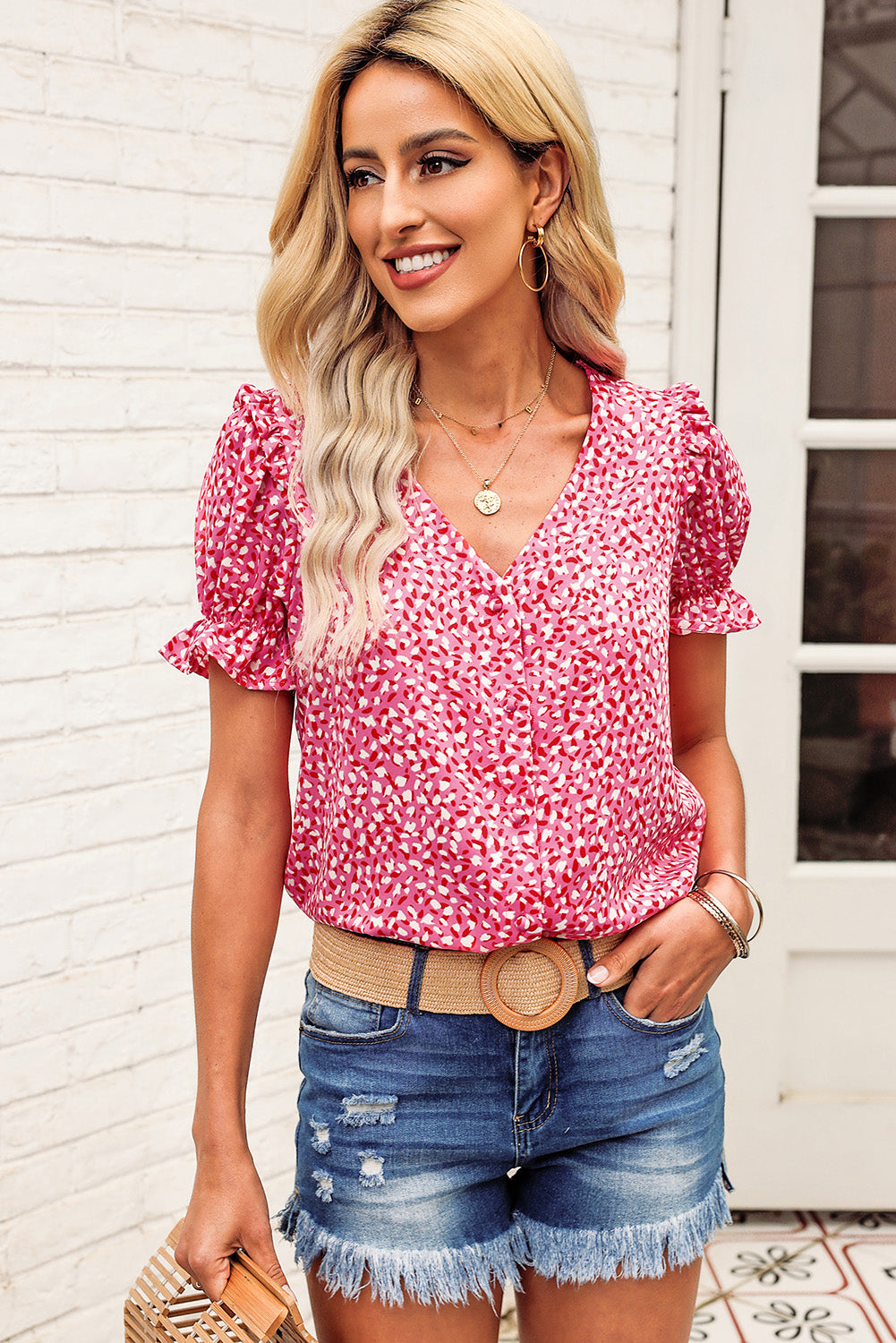 Rosy Leopard Print Oversized Casual Half Sleeve V Neck Top