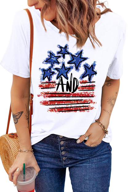 White America Flag Print Stars Stripes Crewneck Graphic T Shirt