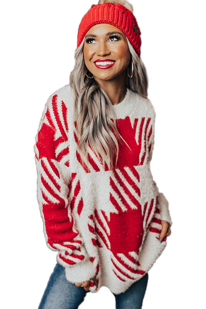Red & White Fuzzy Check Drop Shoulder Sweater