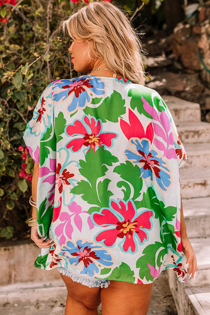 Floral Print Faux Wrap V Neck Plus Size Blouse