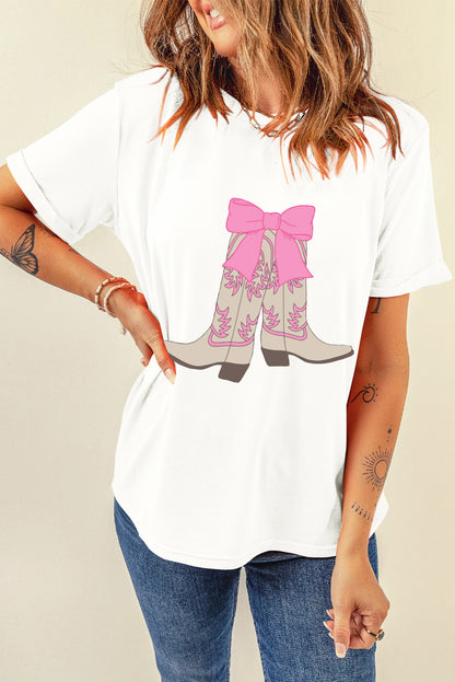 Casual Boots Bow Graphic Round Neck T Shirt