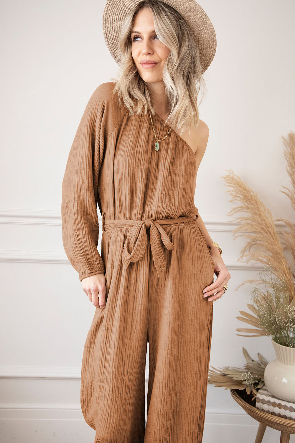 Khaki Crinkled Texture One Shoulder Loose Jumpsuit