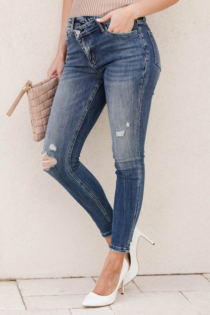 Sky Blue Button Zip Fly Distressed Skinny Jeans