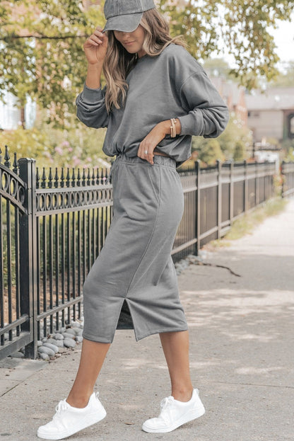 Dark Grey Drop Sleeve Pullover and Slit Midi Skirt Set