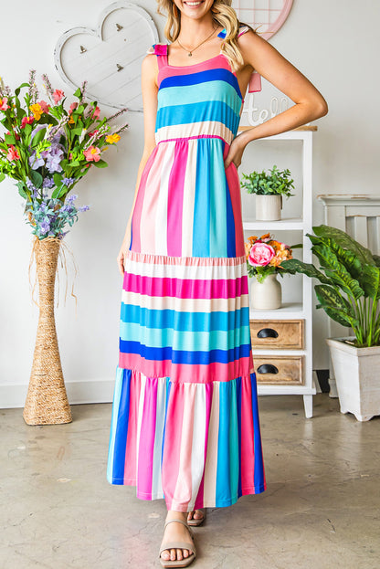 Multicolor Striped Print Bow Knot Straps Sleeveless Maxi Dress