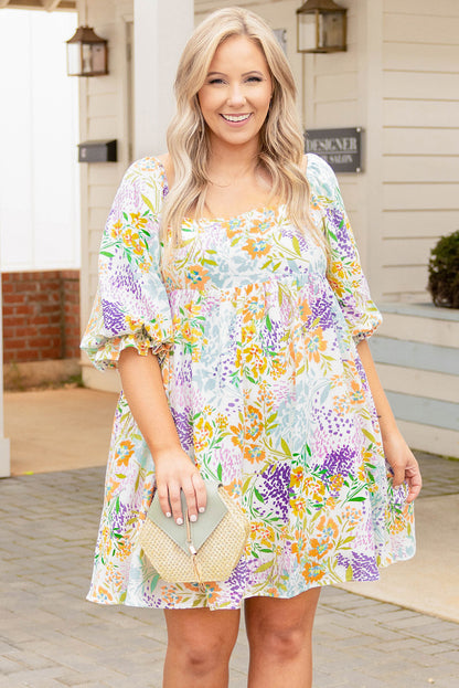 Multicolor Floral Print Ruffle Bubble Sleeve Plus Size Babydoll Dress