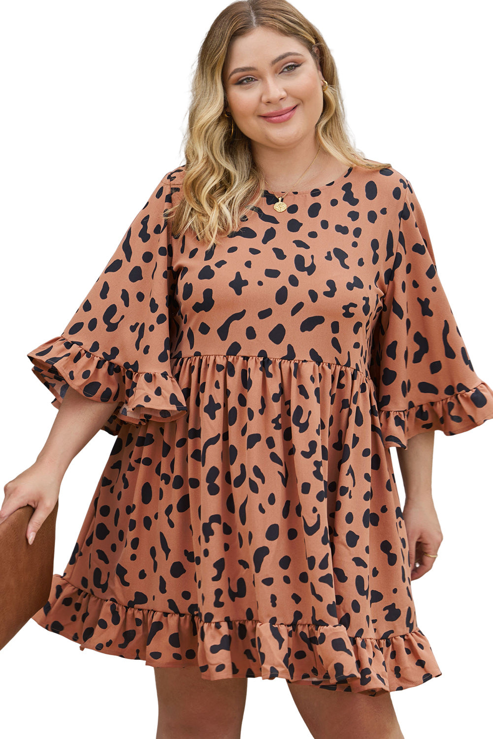 Leopard Print Plus Size Shift Ruffle Dress