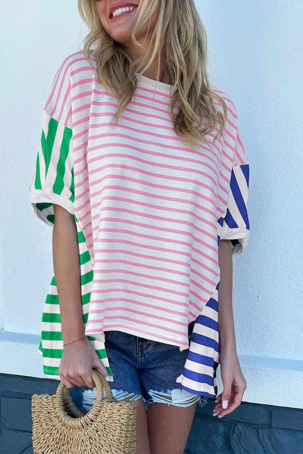 Striped Patchwork Slits Baggy T Shirt