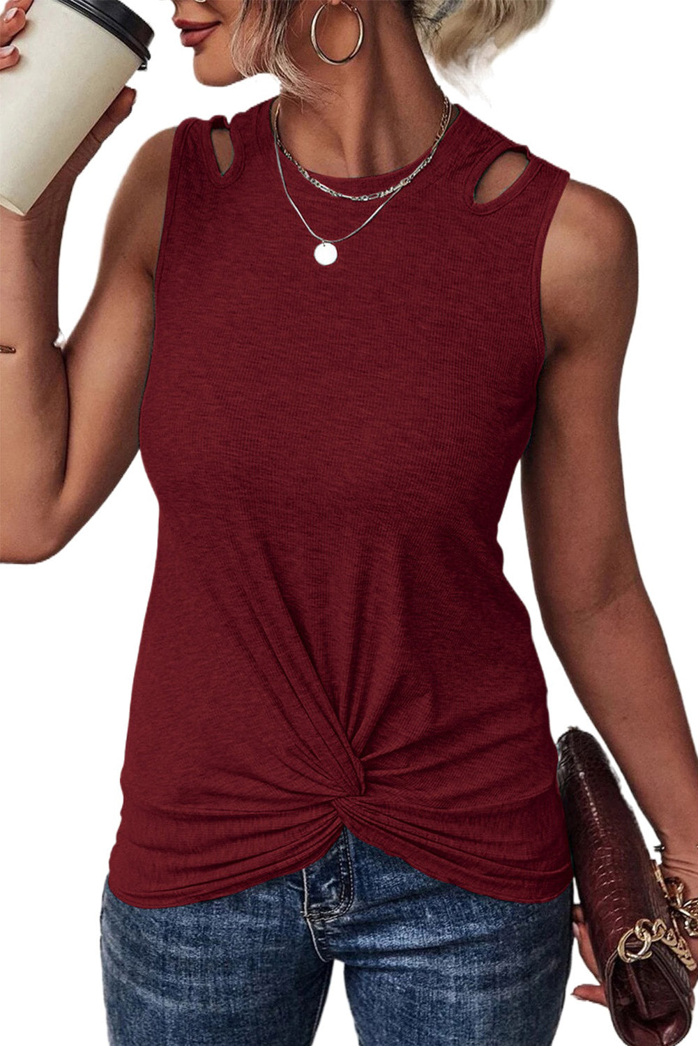 Blue Ribbed Knit Cut Out Twist Front Crew Neck Tank Top