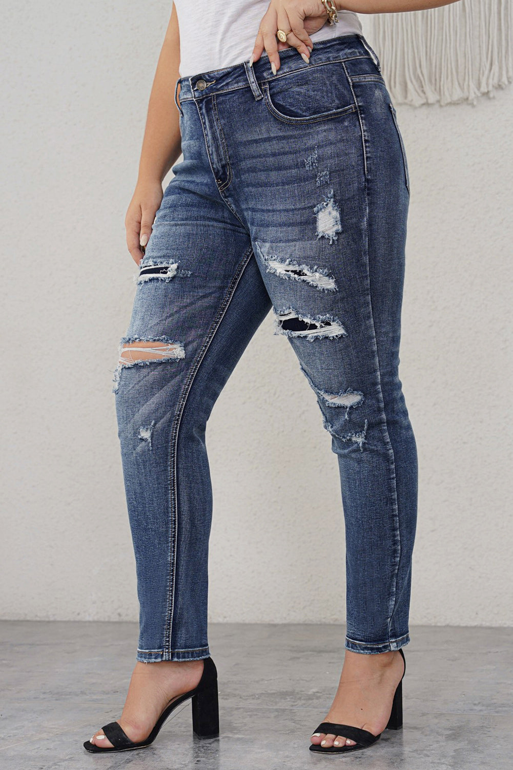 Casual Distressed High Waist Plus Size Jeans