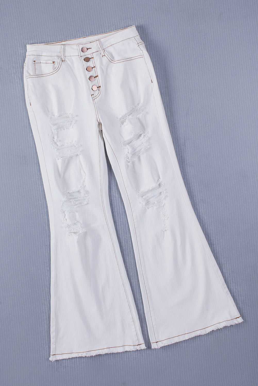 White Distressed Buttons High Waisted Flare Jeans