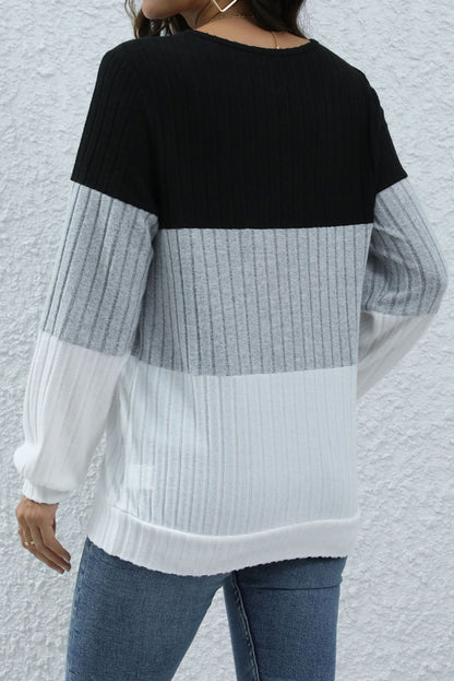 Multicolour Textured Color Block Zipper Round Neck Sweatshirt