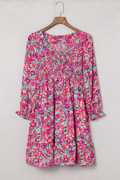 Floral Print Long Sleeve Flounce Hem V Neck Smocked Dress