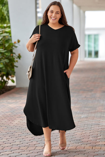 V Neck Rolled Cuffs Plus Size Maxi Dress