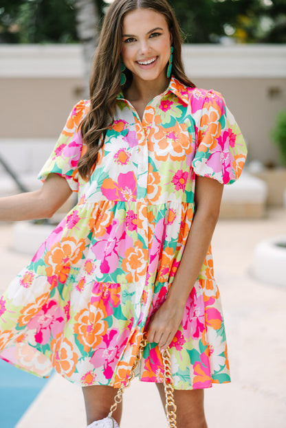 Floral Puff Sleeve Buttoned Babydoll Dress