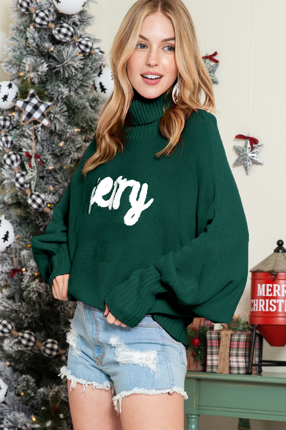 Turtle Neck Batwing Sleeve Merry Christmas Sweater