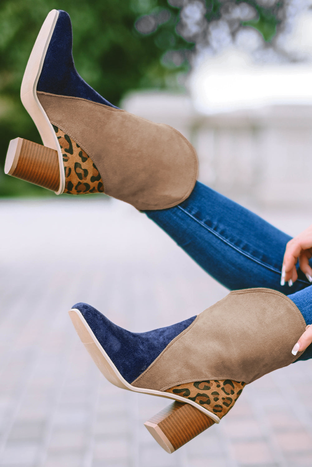 Leopard Print Patchwork Chunky Block Heel Boots