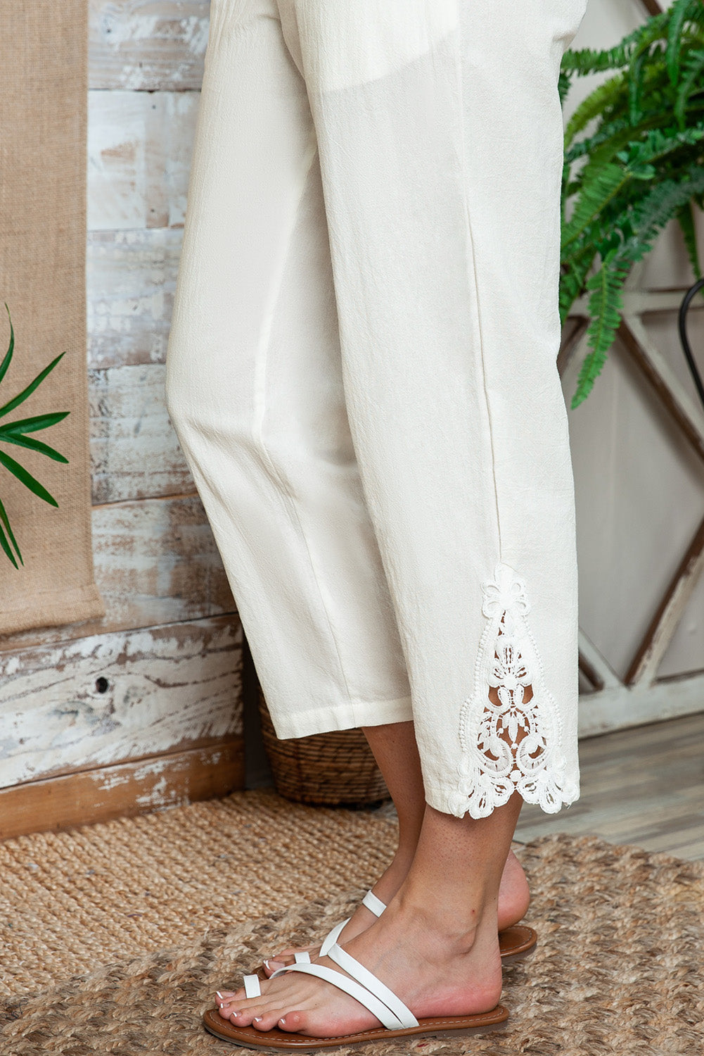 White Lace Splicing Drawstring Linen Pants