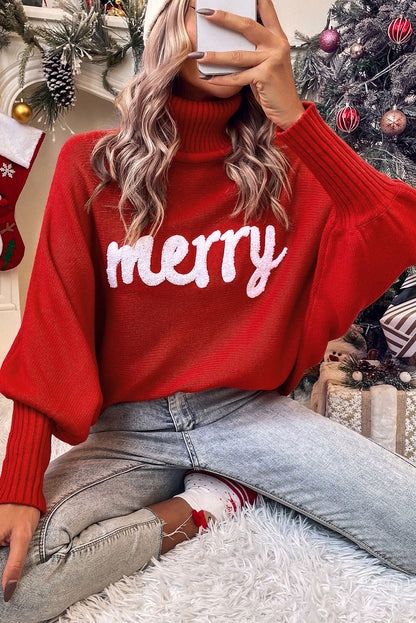Turtle Neck Batwing Sleeve Merry Christmas Sweater