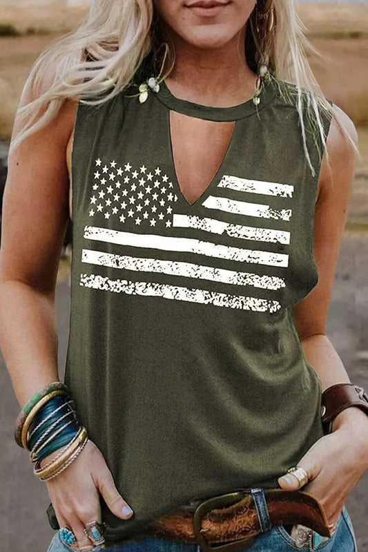 Casual Keyhole Neck Flag Print Tank Top