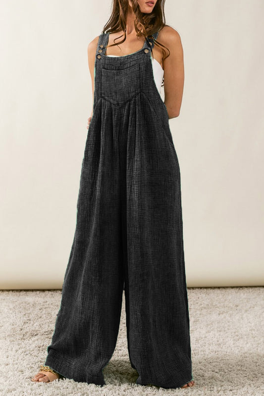 Black Crinkle Loose Fit Wide Leg Jumpsuit