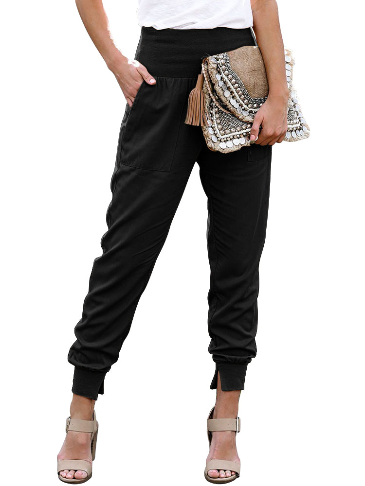 Black Casual Pocketed Tapered Elastic Waist Joggers