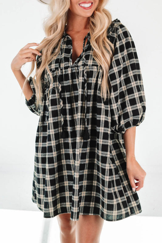 Black and White Plaid 3/4 Sleeve Ruffle Loose Dress