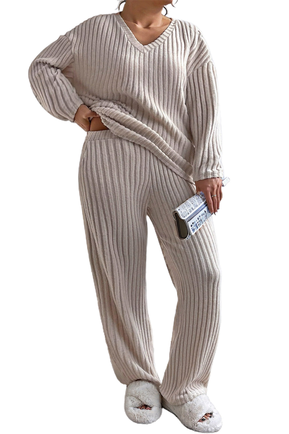 Parchment Plus Size Ribbed V Neck Pullover and Pants Set