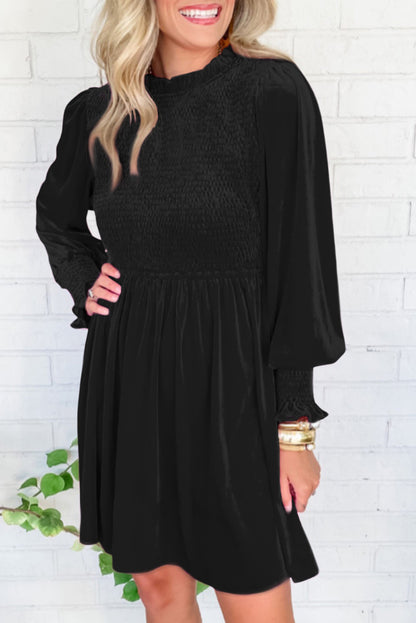 Smocked Lantern Sleeve Frilled Velvet Dress