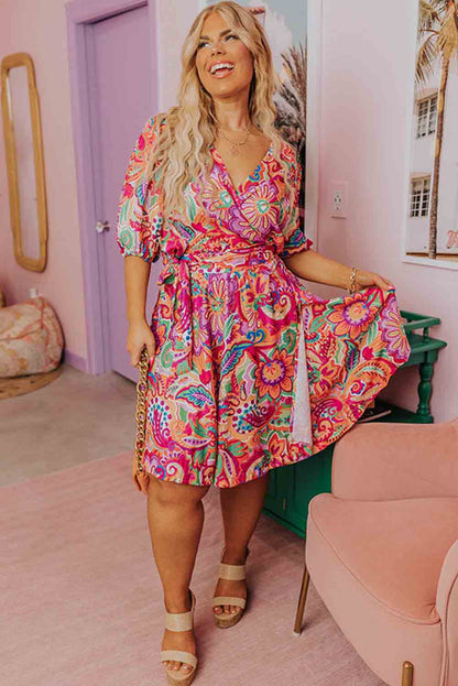 Multicolor Boho Paisley Floral Print Wrap V Neck Puff Sleeve Plus Size Dress