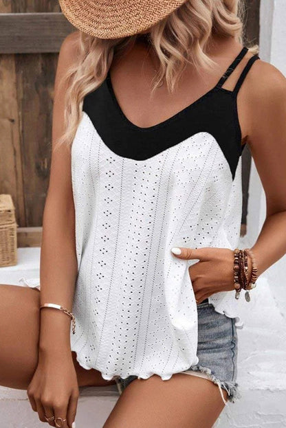 White and Black Patchwork Eyelet Tank Top