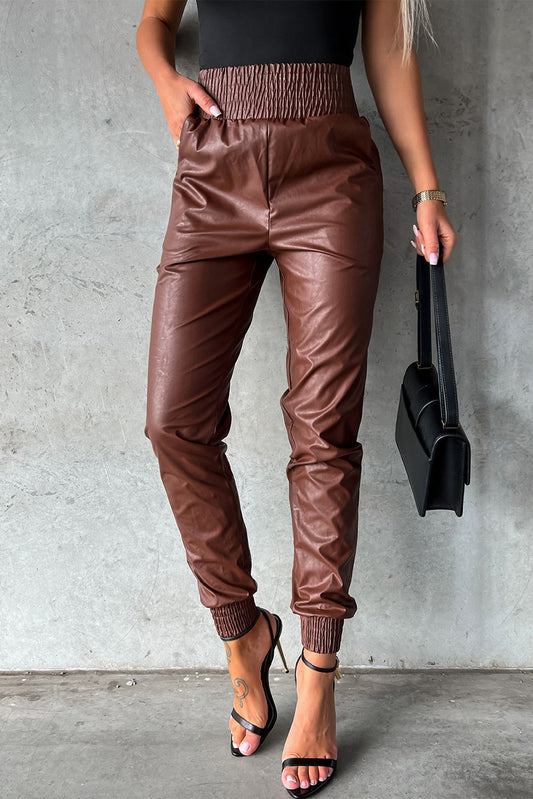 Brown Smocked High Waist Leather Skinny Pants