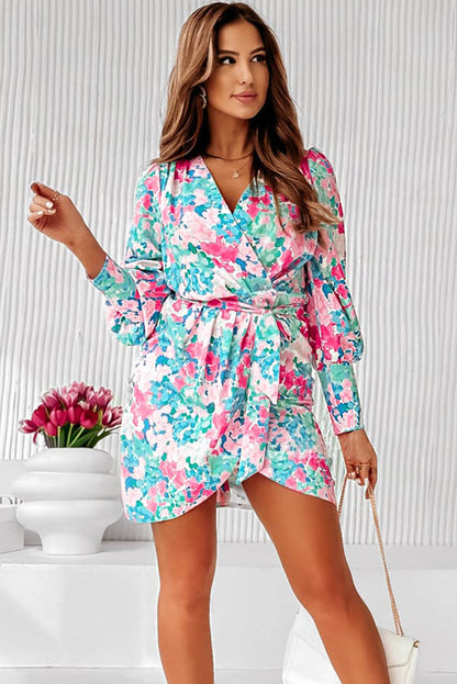 Lace-up High Waist Wrap V Neck Floral Mini Dress