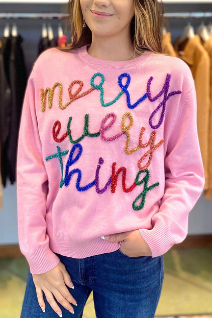 Pink Merry Everything Shiny Letter Pattern Knit Sweater