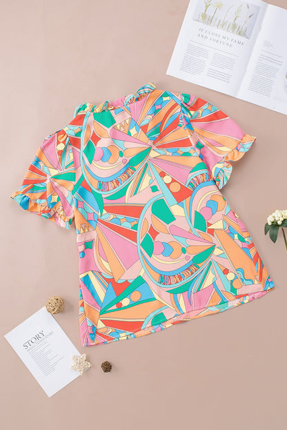 Multicolor Abstract Print Split V Neck Short Sleeve Tiered Dress