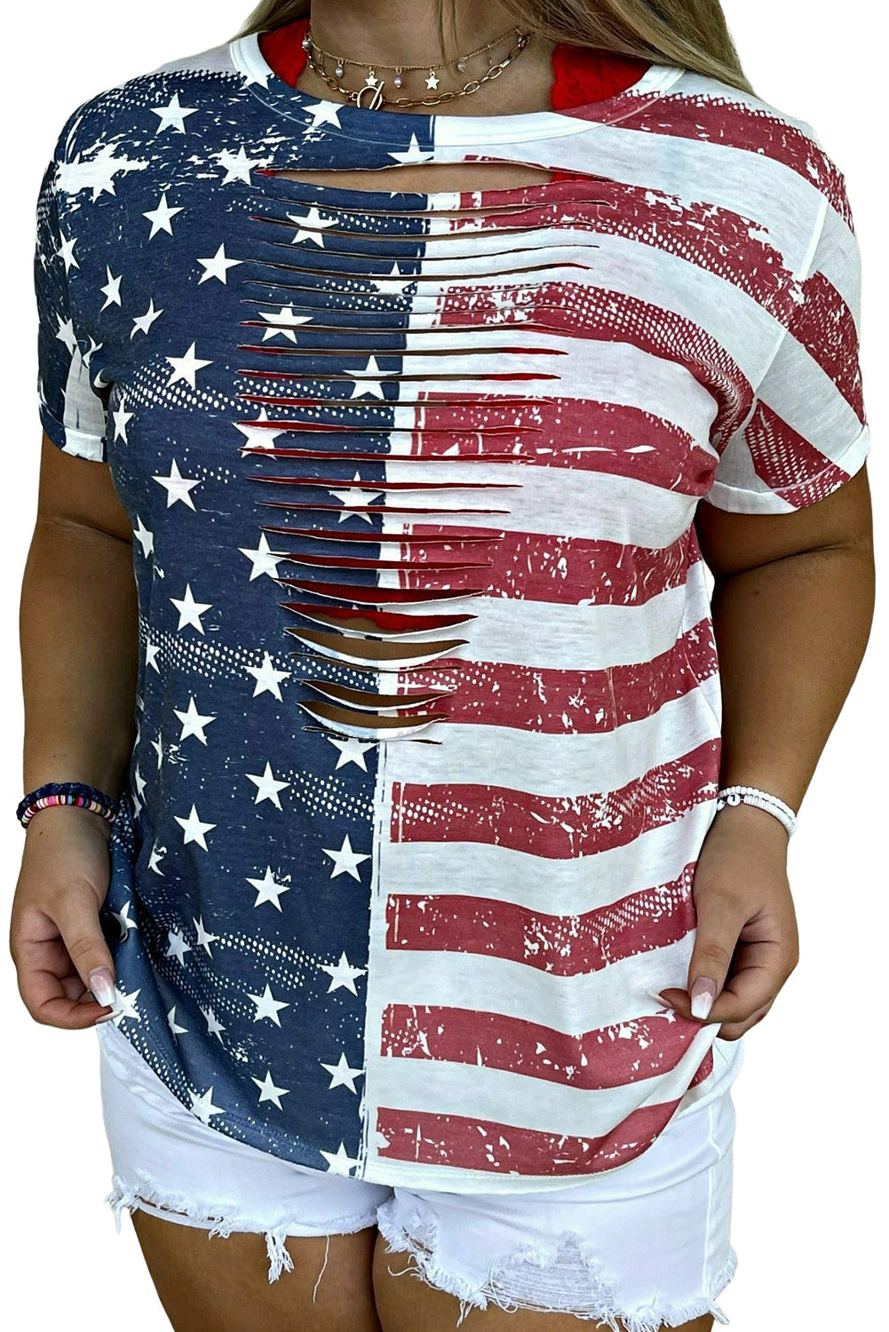 Multicolor Plus Size Laser Cut USA Flag Printed T-shirt