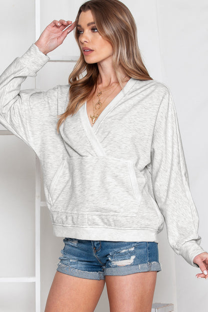 Gray Contrast Trim V Neck Wrap Sweatshirt with Pocket