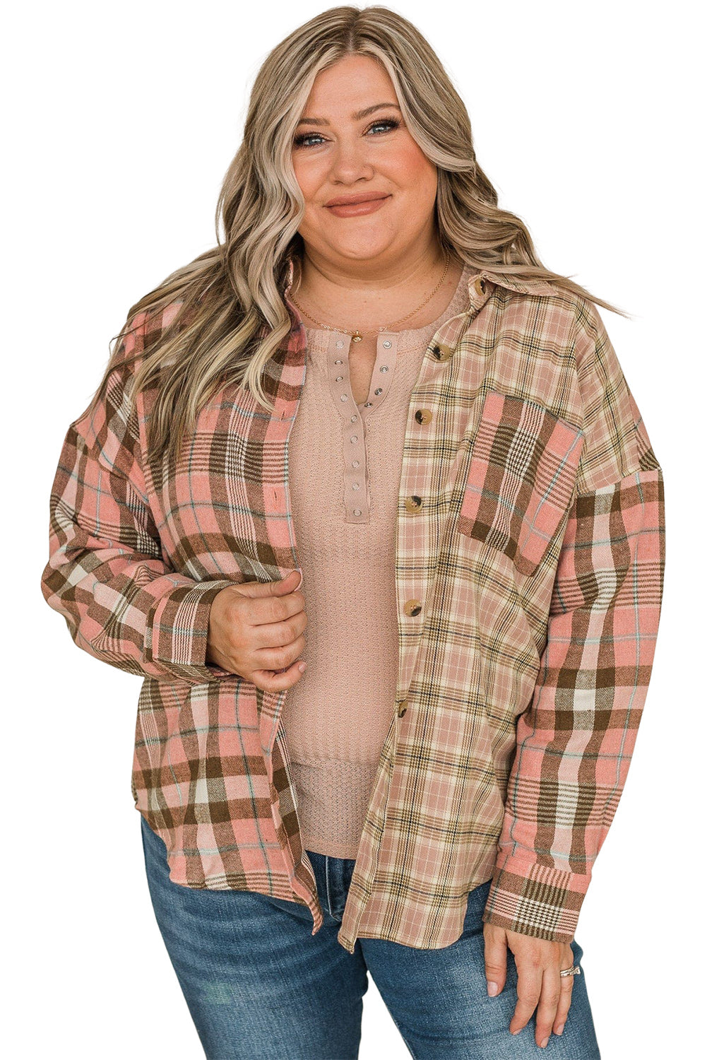 Pink Plaid Plus Size Color Block Long Sleeve Shirt with Pocket