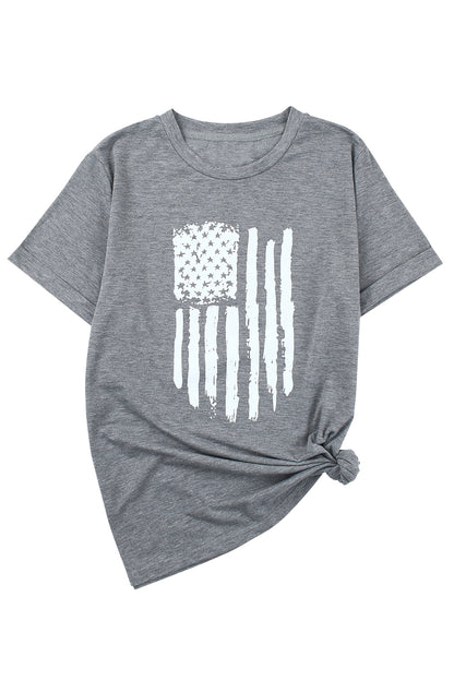 Gray Casual American Flag Graphic Crew Neck T Shirt