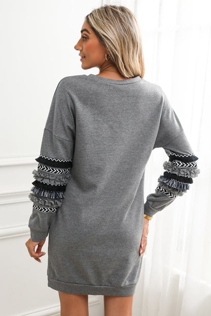 Dark Grey Ruffle Patchwork Sleeve Sweatshirt Dress