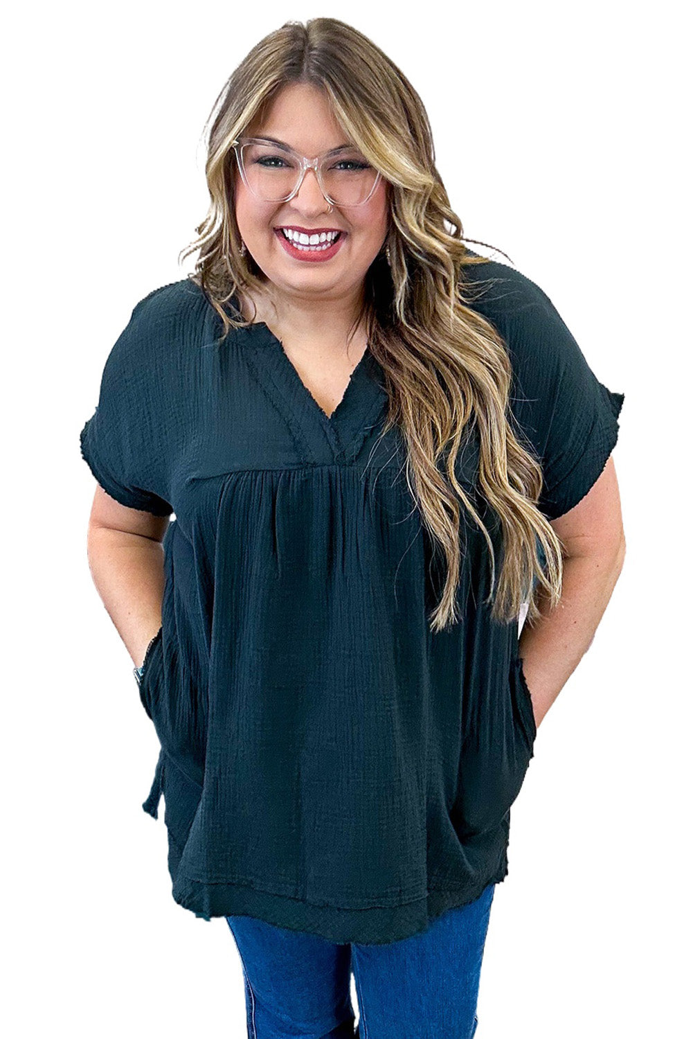 Plus Size Textured Short Sleeve Babydoll Blouse