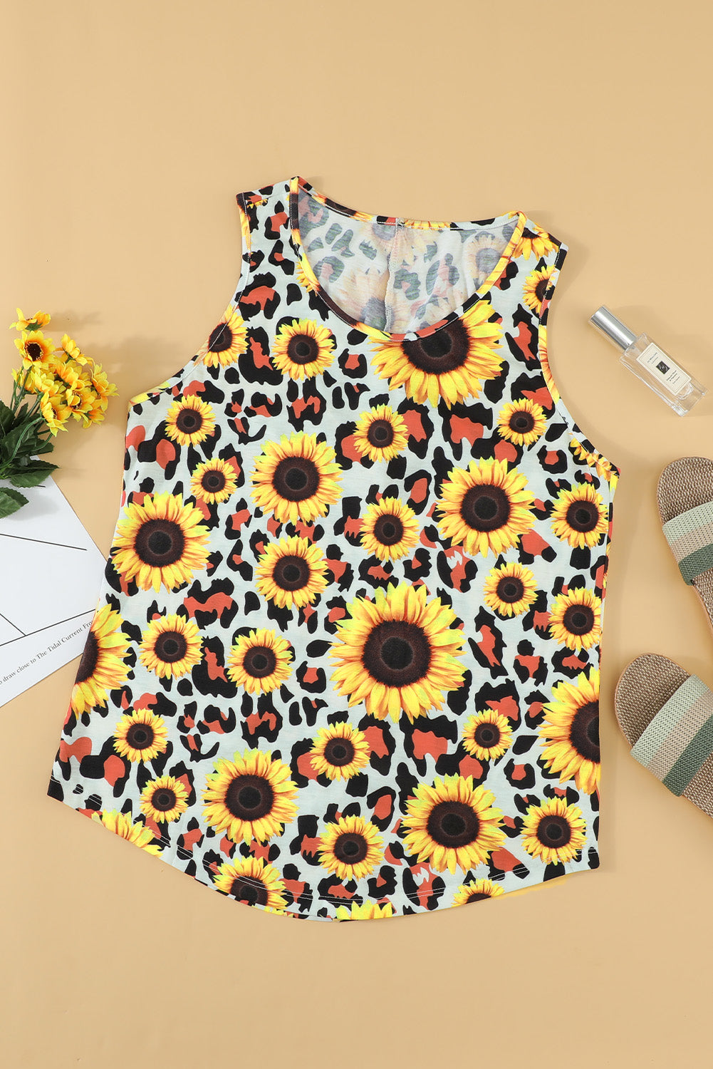 Sunflower and Cheetah Print Jewel Neckline Tank Top