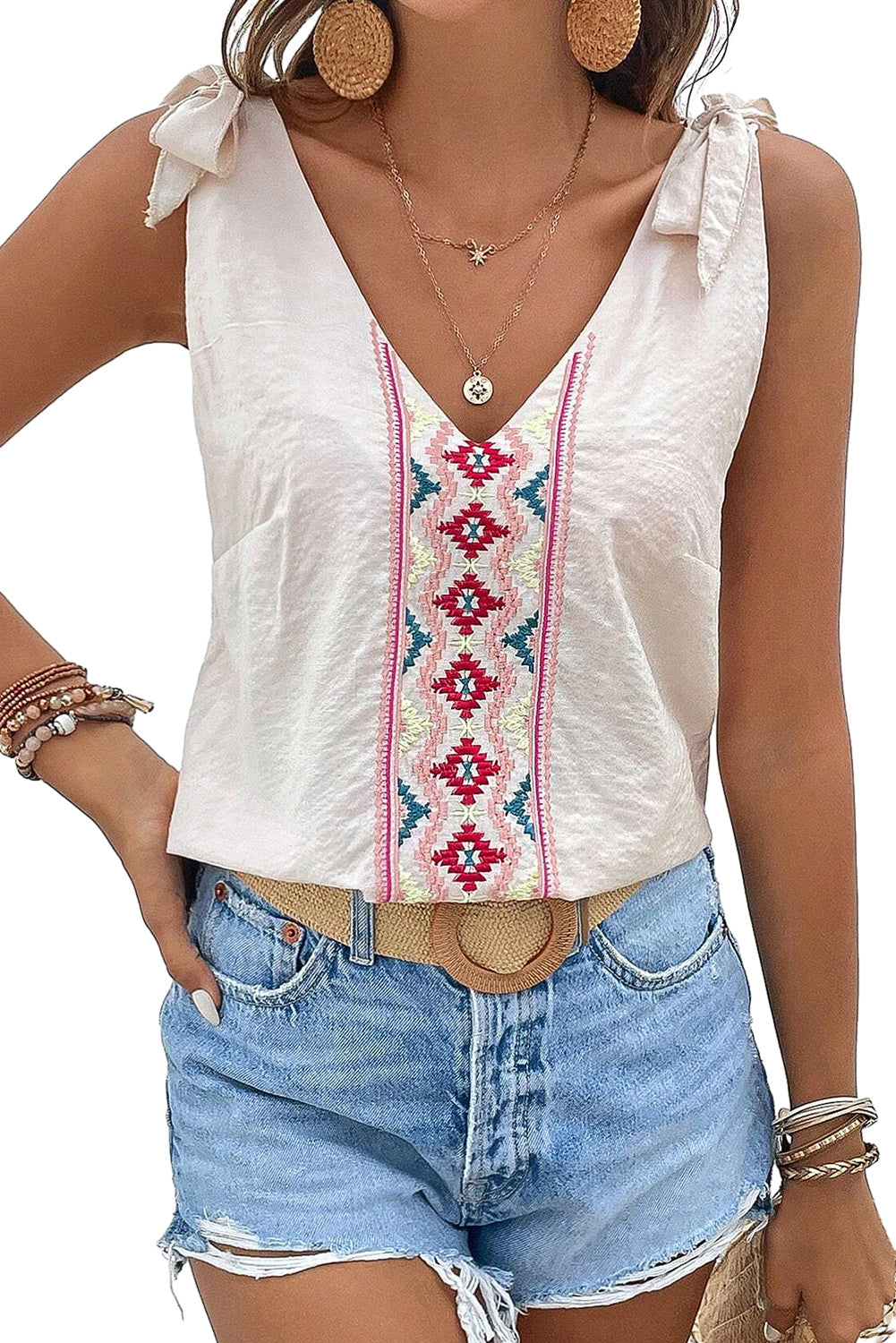 White Floral Embroidered V-Neck Knot Sleeveless Top