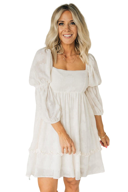 White Jacquard Square Neck Bubble Sleeve Dress