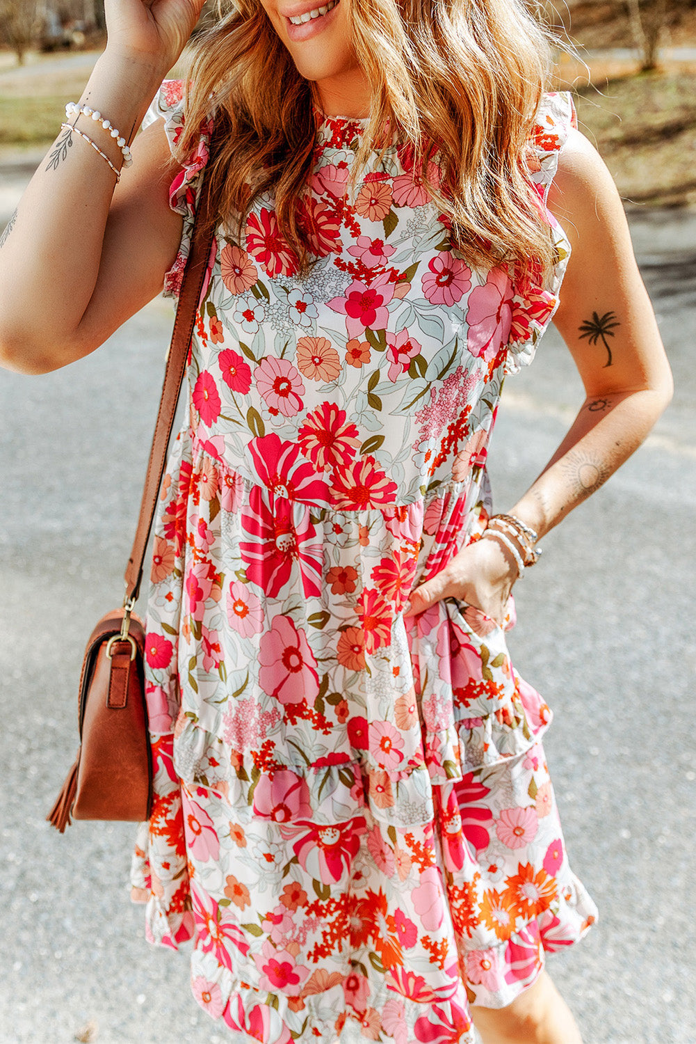 Floral Print Casual Ruffled Sleeveless Tiered Short Dress