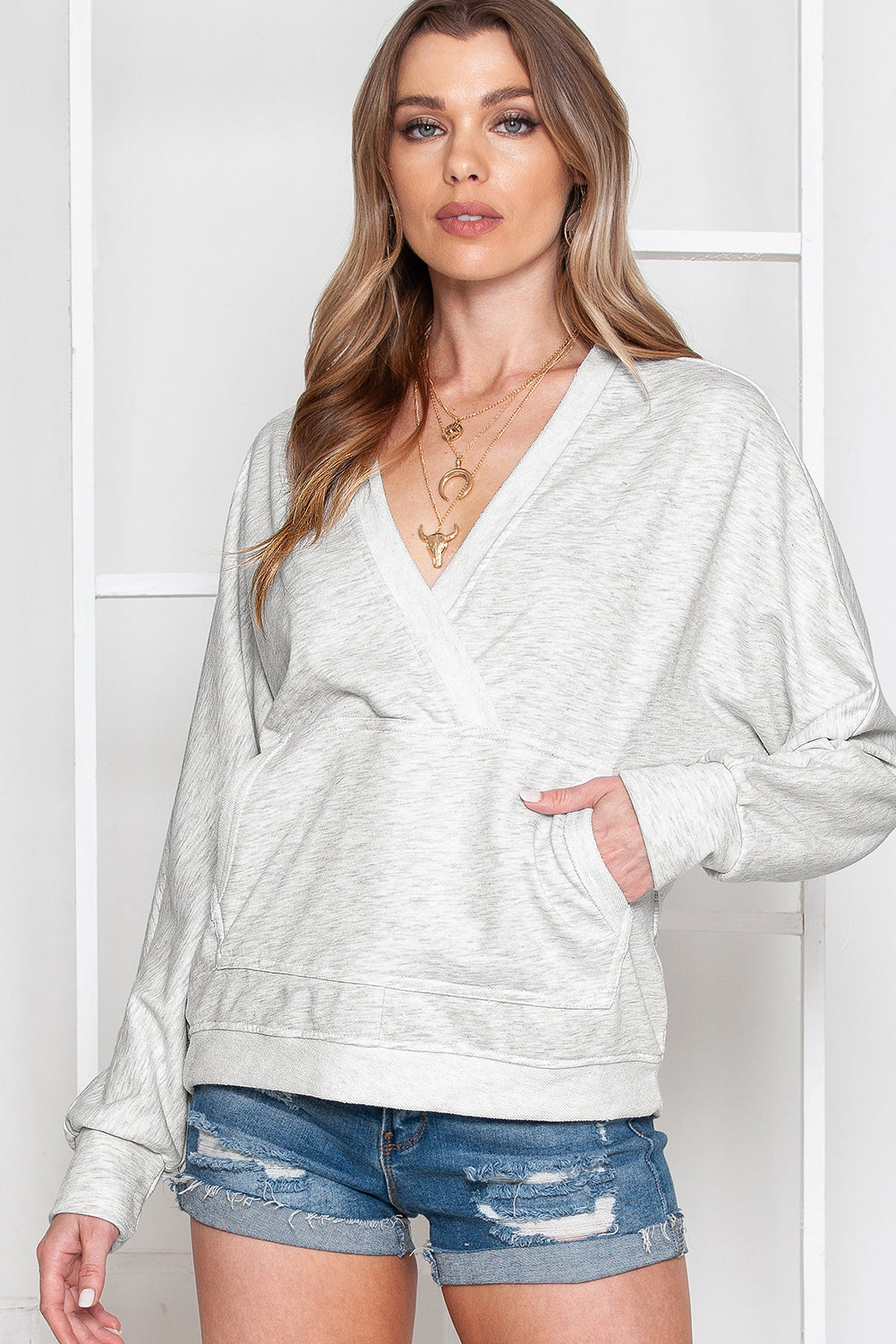 Gray Contrast Trim V Neck Wrap Sweatshirt with Pocket