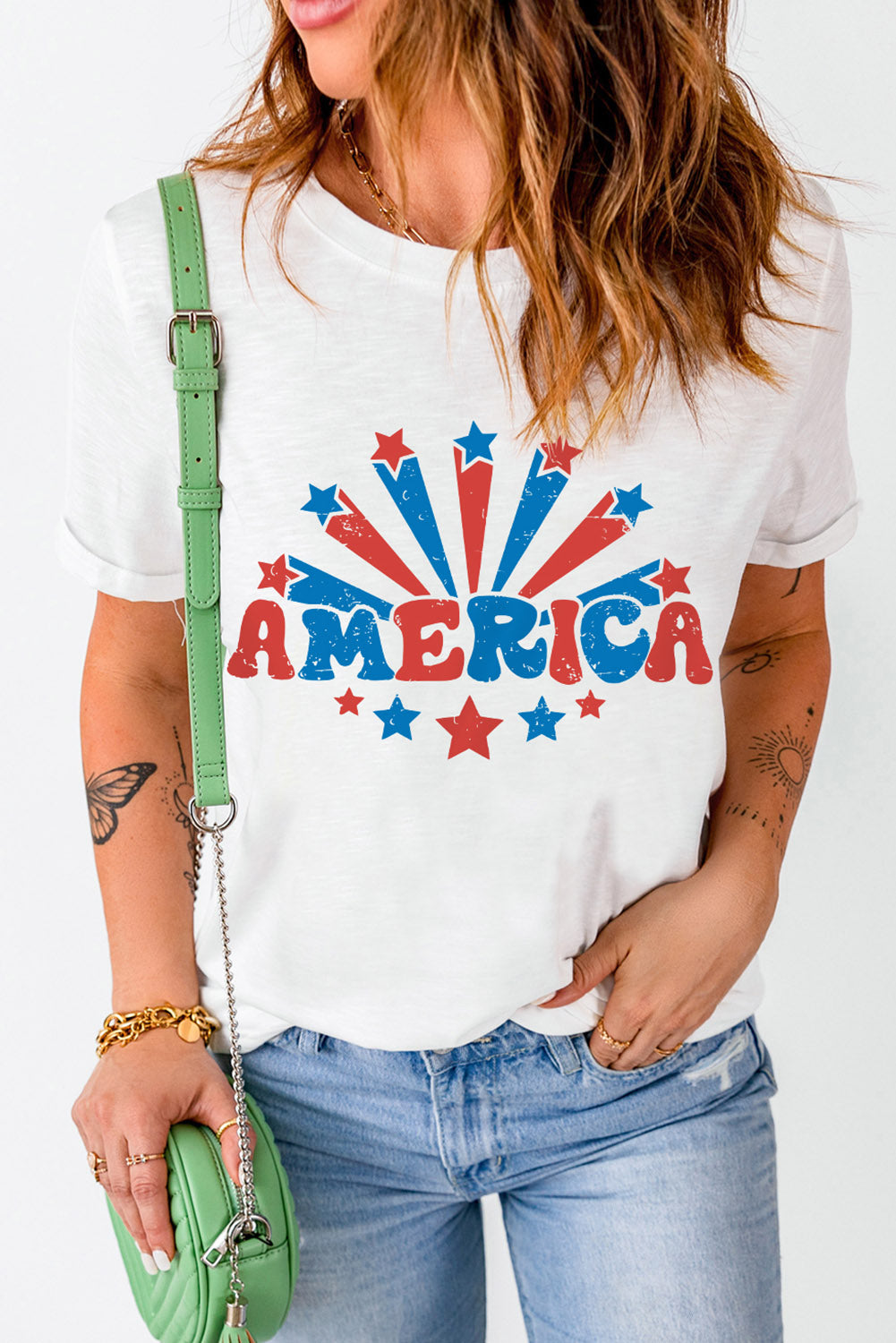 White AMERICA Stars Graphic Print Short Sleeve T Shirt
