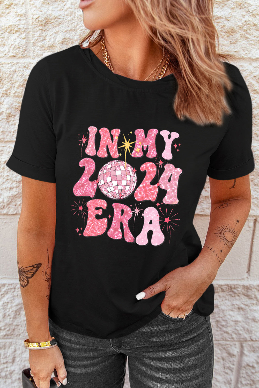 Black IN MY 2024 ERA New Year Sequin Graphic Tee